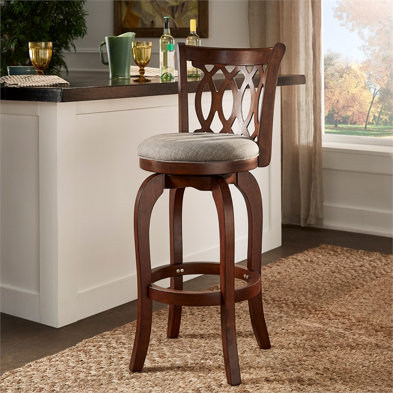 iNSPIRE Q Scroll Back Linen Swivel Wood Bar Stool in Gray/Cherry