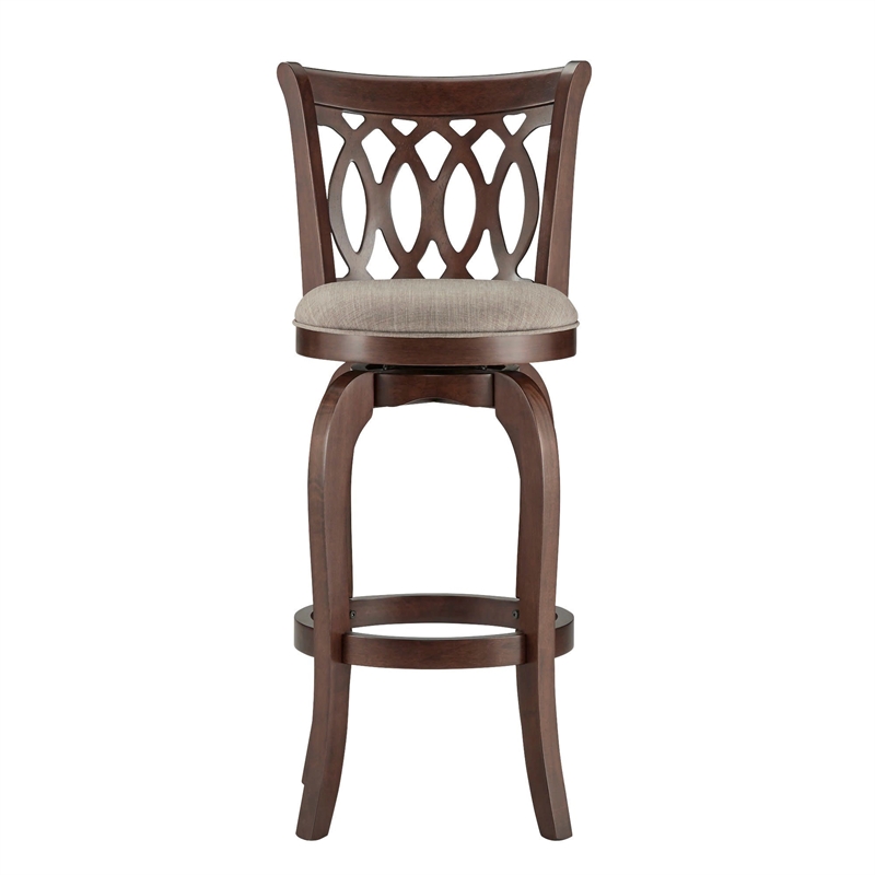 iNSPIRE Q Scroll Back Linen Swivel Wood Bar Stool in Gray/Cherry