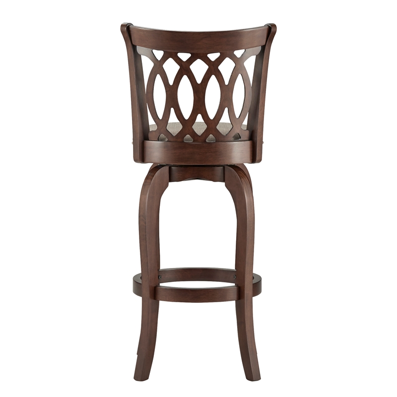 iNSPIRE Q Scroll Back Linen Swivel Wood Bar Stool in Gray/Cherry