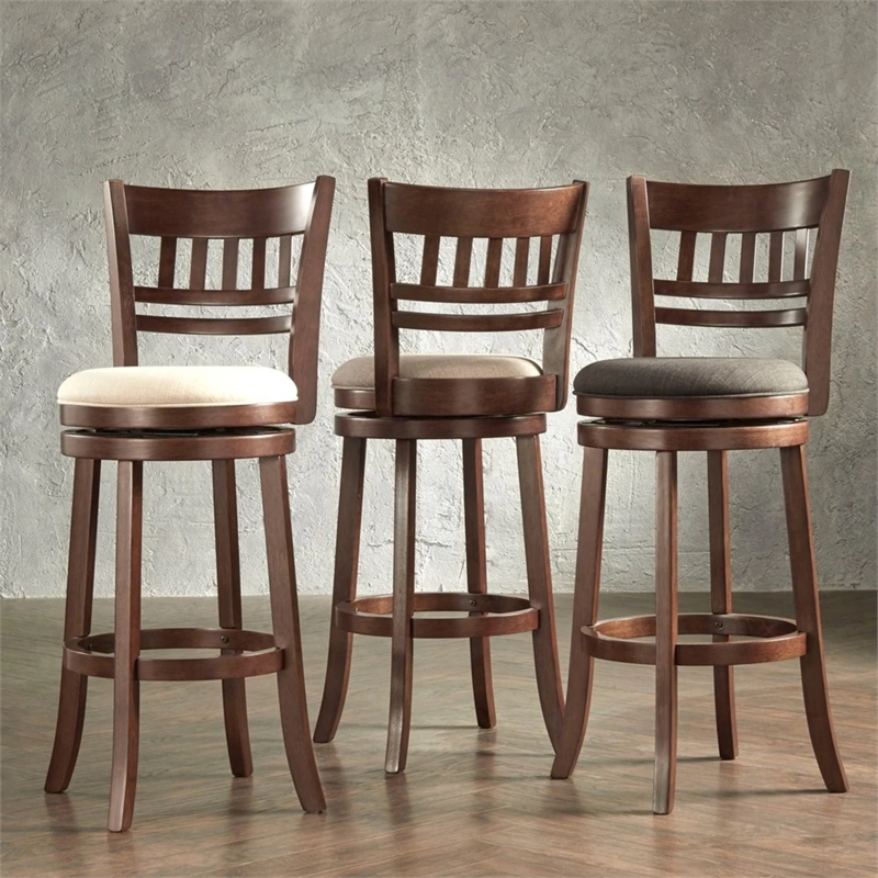 iNSPIRE Q Lattice Back Linen Swivel Wood Bar Stool in Gray/Dark Cherry