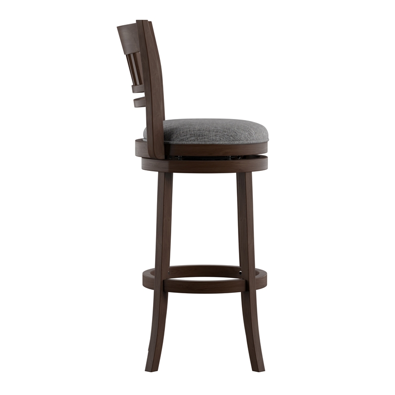 iNSPIRE Q Lattice Back Linen Swivel Wood Bar Stool in Gray/Dark Cherry