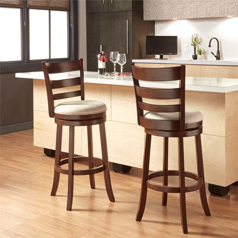 iNSPIRE Q Ladder Back Linen Swivel Wood Bar Stool in Beige/Dark Cherry