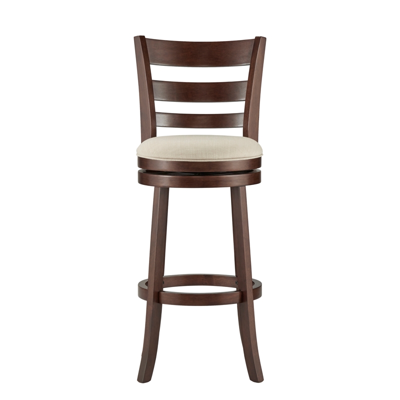 iNSPIRE Q Ladder Back Linen Swivel Wood Bar Stool in Beige/Dark Cherry