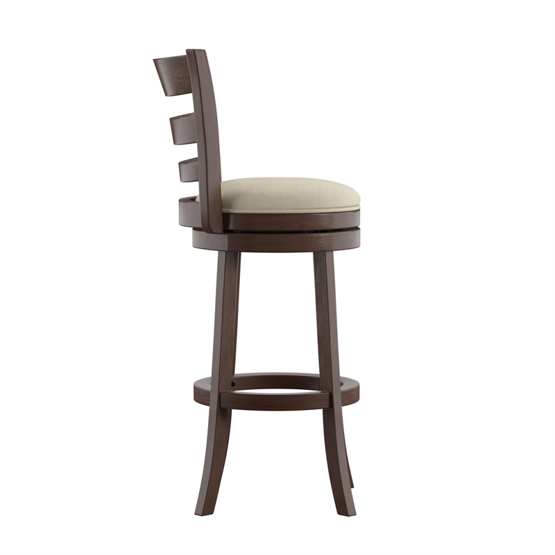 iNSPIRE Q Ladder Back Linen Swivel Wood Bar Stool in Beige/Dark Cherry