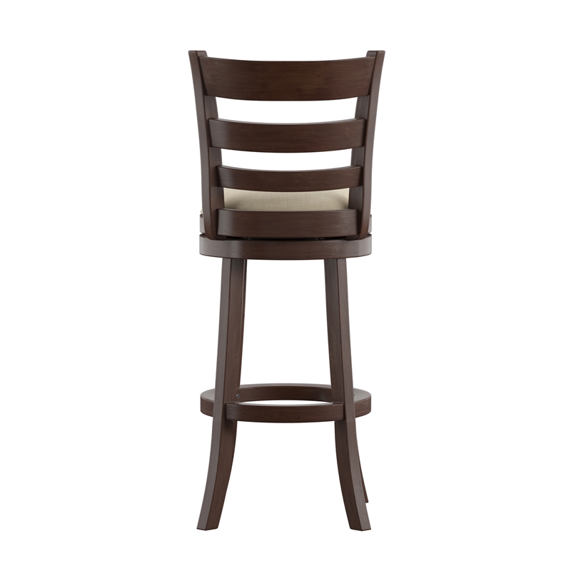 iNSPIRE Q Ladder Back Linen Swivel Wood Bar Stool in Beige/Dark Cherry