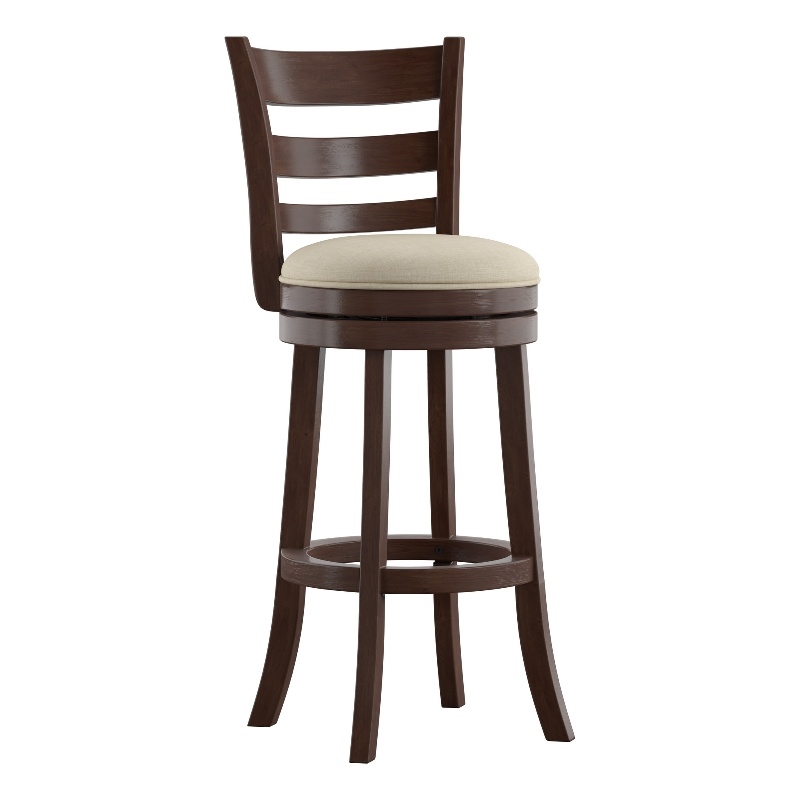 iNSPIRE Q Ladder Back Linen Swivel Wood Bar Stool in Beige/Dark Cherry