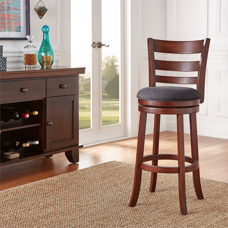 iNSPIRE Q Ladder Back Linen Swivel Wood Bar Stool in Dark Gray/Dark Cherry