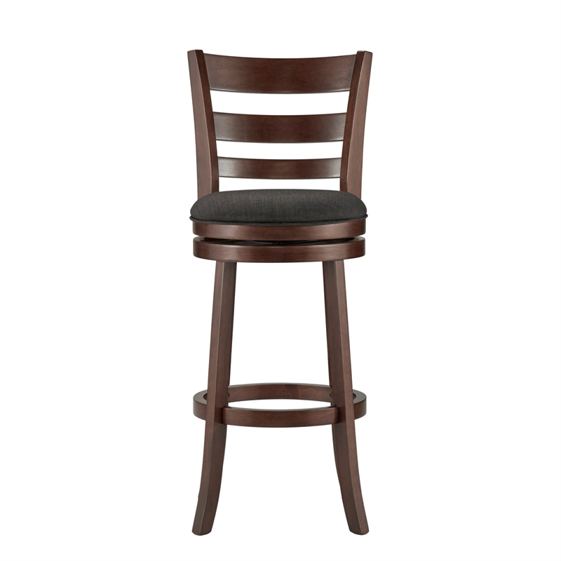 iNSPIRE Q Ladder Back Linen Swivel Wood Bar Stool in Dark Gray/Dark Cherry