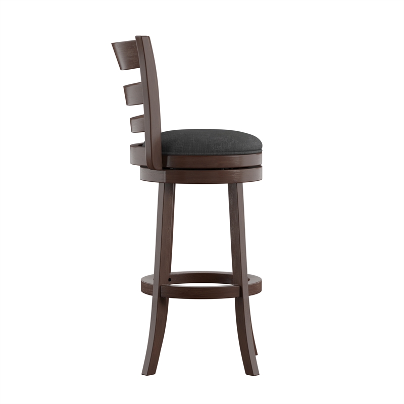 iNSPIRE Q Ladder Back Linen Swivel Wood Bar Stool in Dark Gray/Dark Cherry