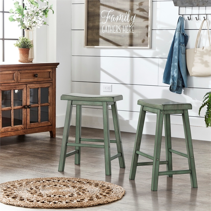 iNSPIRE Q Saddleback Wood Counter Height Stools (Set of 2) in Antique Sage Green