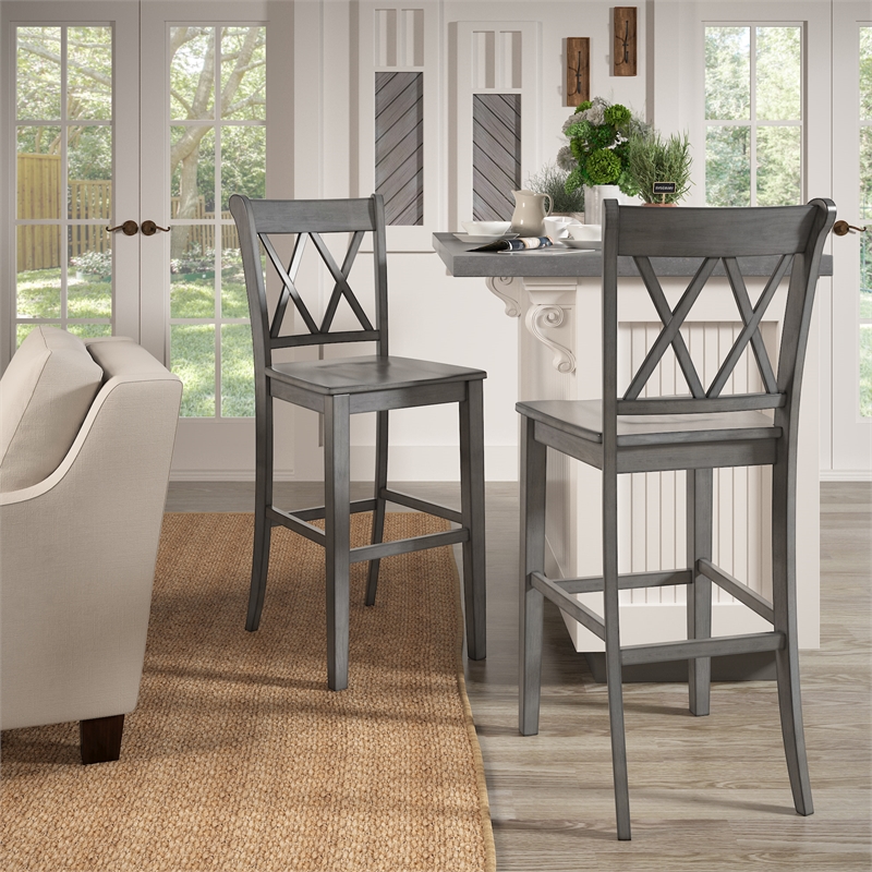 iNSPIRE Q Double X-Back Wood Bar Height Chairs (Set of 2) in Antique Gray