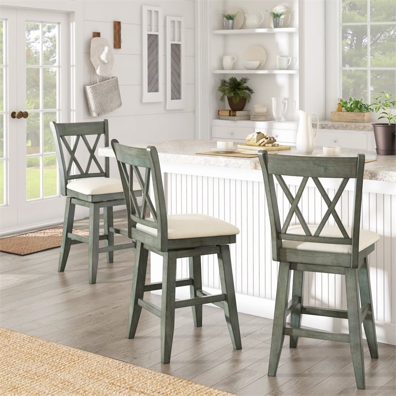 iNSPIRE Q Double X-Back Counter Height Wood Swivel Chair in Antique Sage Green