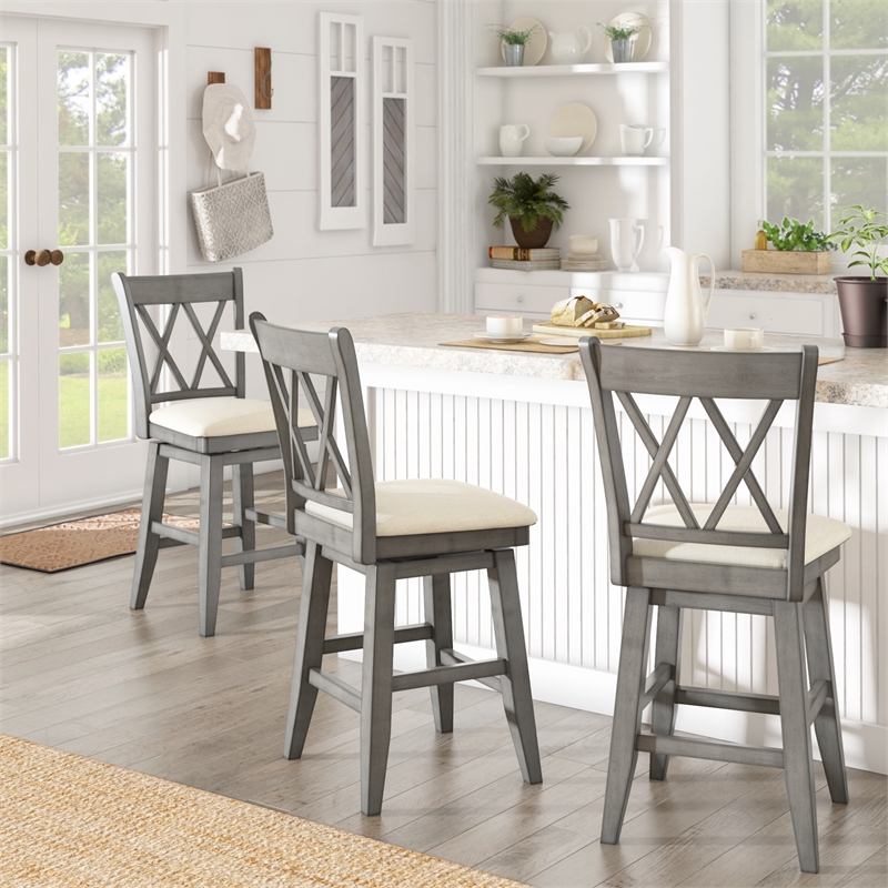iNSPIRE Q Double X-Back Counter Height Wood Swivel Chair in Antique Gray