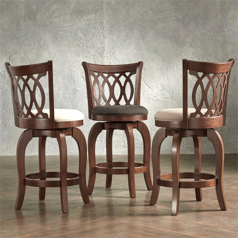 iNSPIRE Q Scroll Back Linen Swivel Wood Counter Height Stool in Grey/Cherry