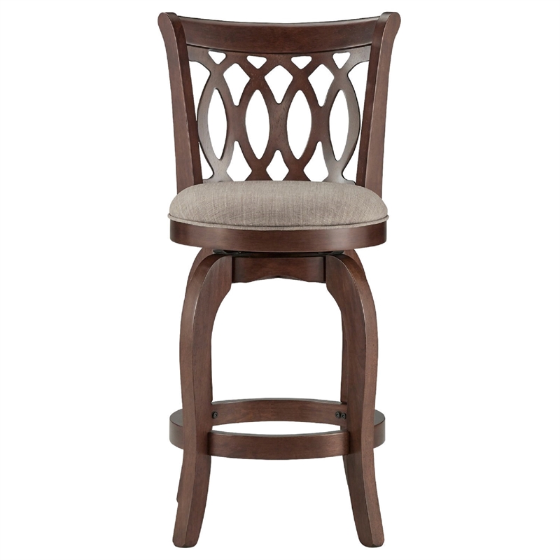iNSPIRE Q Scroll Back Linen Swivel Wood Counter Height Stool in Grey/Cherry
