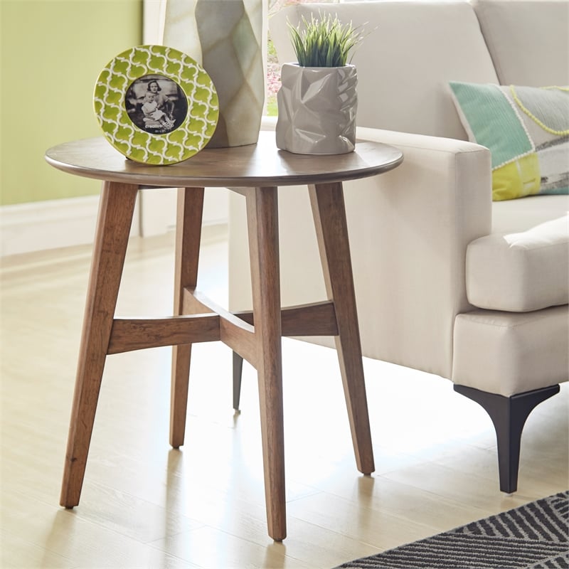 iNSPIRE Q Round Contemporary Wood End Table with Tapered Legs in Dark Walnut
