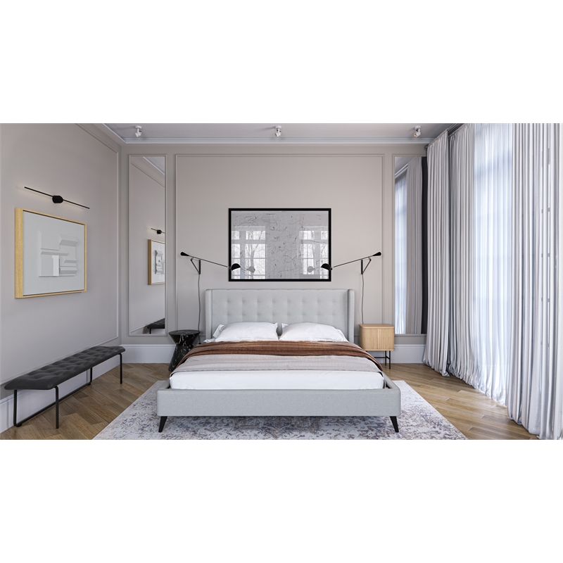 Brant House Viviana Fabric King Bed with Tufted Wingback Headboard in Light Gray