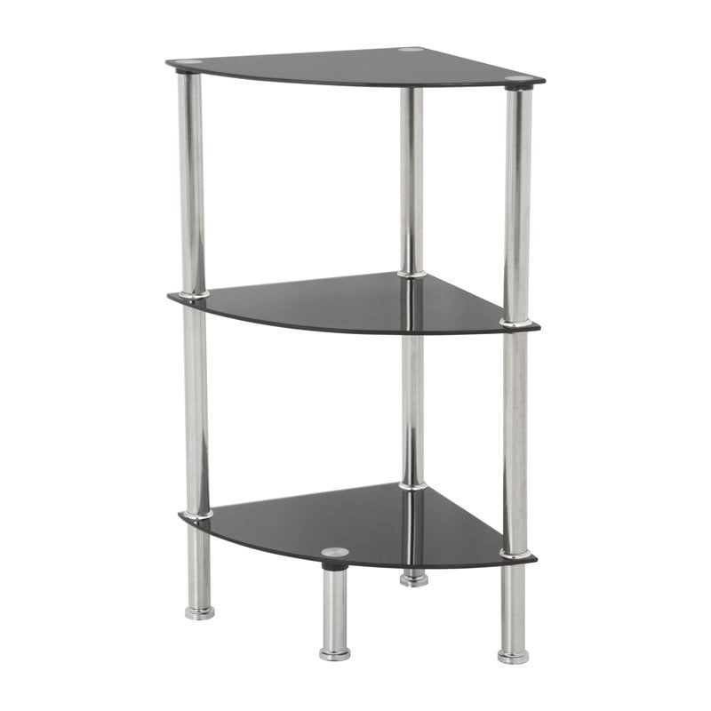 AVF Transitional Steel and Glass Corner 3-Tier Shelving Unit in Black/Chrome