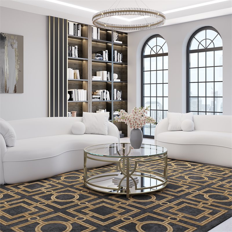 American Home Classic Edward Round Metal-Glass Coffee Table in Brushed Brass