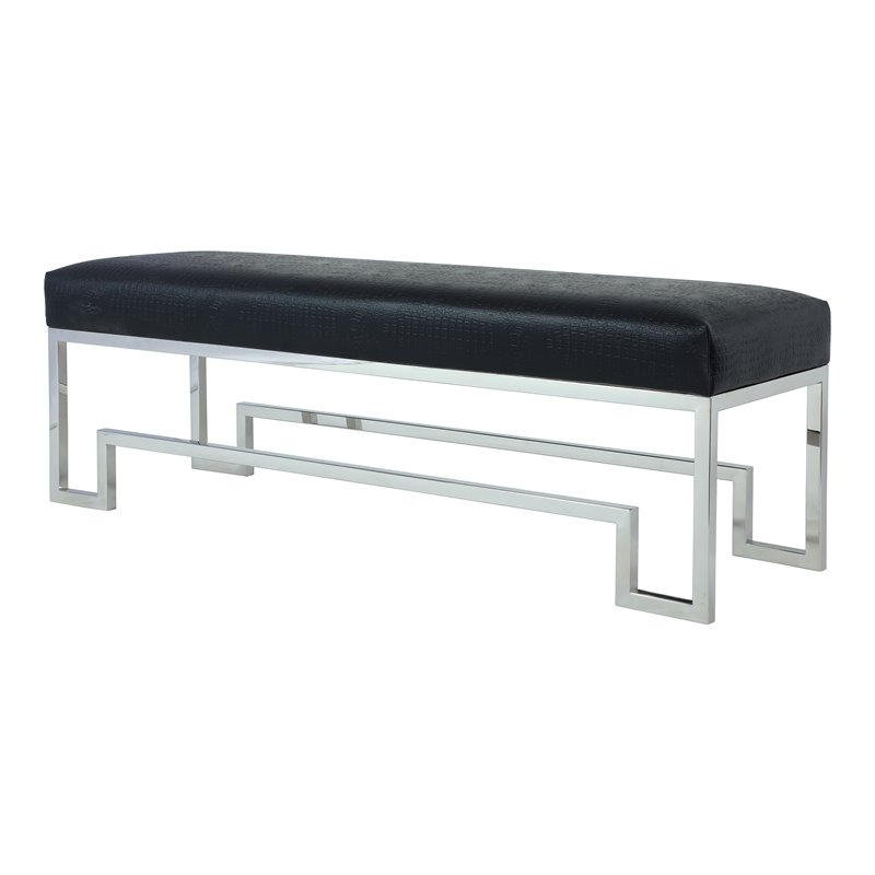American Home Classic Laurence Steel Bench High Polish Silver/Faux Black Gator