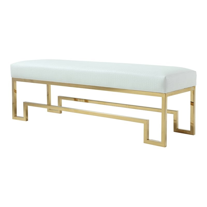 American Home Classic Laurence Steel and Fabric Bench in High Polish Gold/White