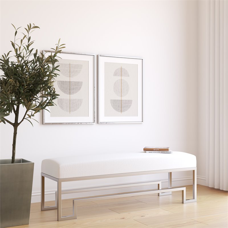 American Home Classic Laurence Steel Bench in High Polish Silver/White