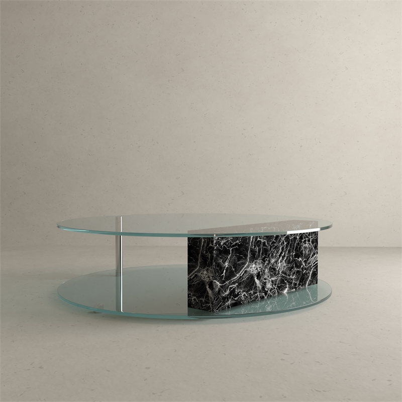 American Home Classic Brick Round Glass/Marble Coffee Table in Black/Clear