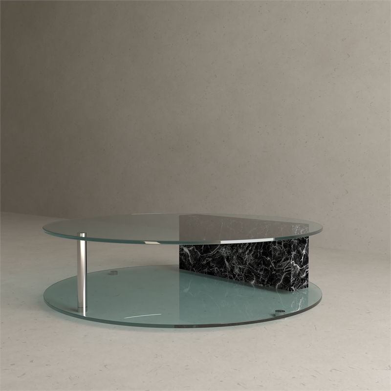 American Home Classic Brick Round Glass/Marble Coffee Table in Black/Clear