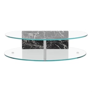 American Home Classic Brick Round Glass/Marble Coffee Table in Black/Clear
