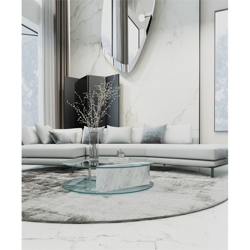 American Home Classic Brick Round Glass/Marble Coffee Table in White/Clear