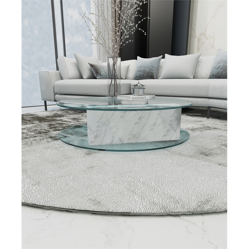 American Home Classic Brick Round Glass/Marble Coffee Table in White/Clear