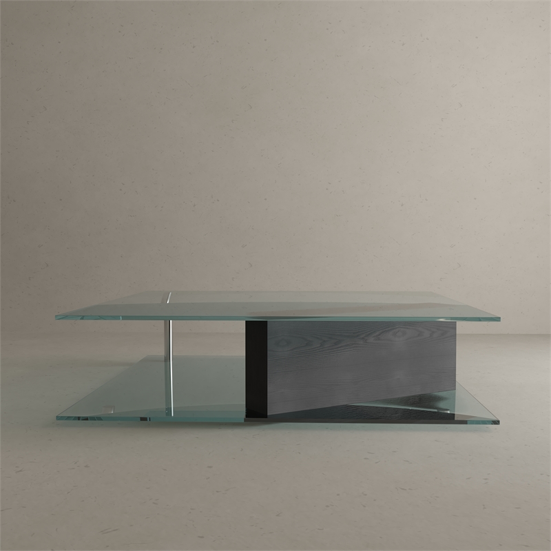 American Home Classic Brick Glass Coffee Table w/ Rectangle Wood in Black/Clear