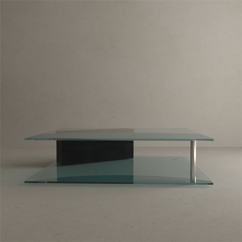 American Home Classic Brick Glass Coffee Table w/ Rectangle Wood in Black/Clear