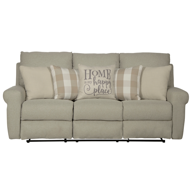 Catnapper Eastland Lay Flat Reclining Sofa in Beige Fabric with Accent Pillows