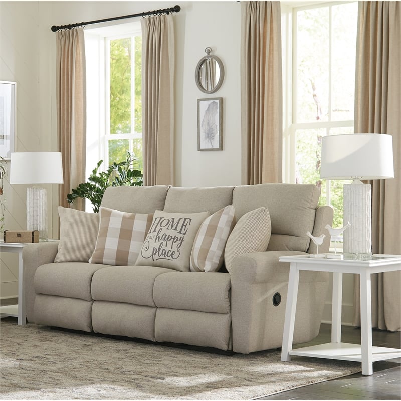 Catnapper Eastland Lay Flat Reclining Sofa in Beige Fabric with Accent Pillows