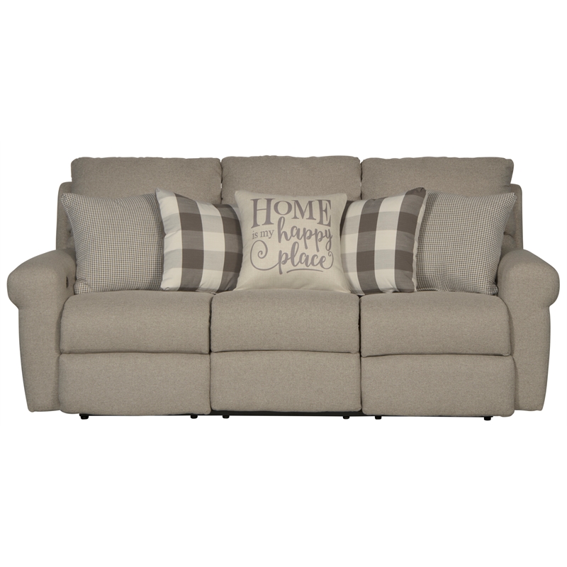 Catnapper Eastland Lay Flat Reclining Sofa in Gray Fabric with Accent Pillows