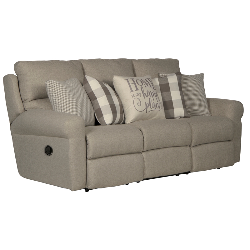 Catnapper Eastland Lay Flat Reclining Sofa in Gray Fabric with Accent Pillows
