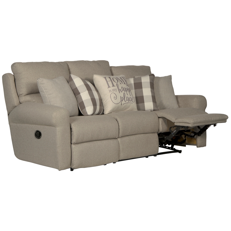 Catnapper Eastland Lay Flat Reclining Sofa in Gray Fabric with Accent Pillows