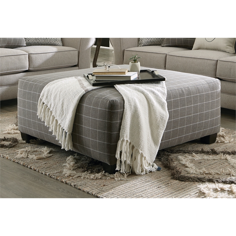 Hardy 41 Inch Square Cocktail Ottoman in Gray Box Pattern Fabric