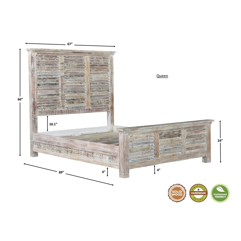 Taran Designs Hayden Shutter Solid Wood Queen Panel Bed in White Multicolor