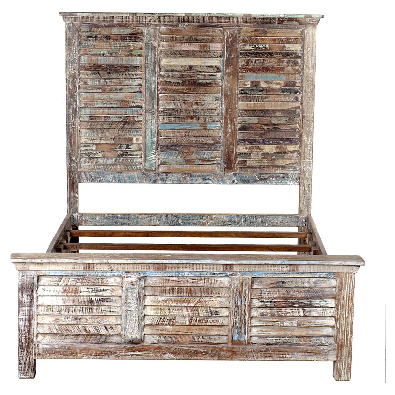 Taran Designs Hayden Shutter Solid Wood King Panel Bed in White Multicolor