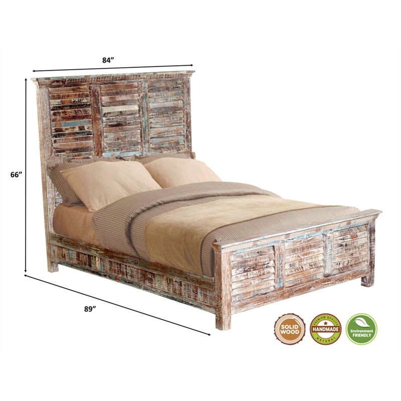 Taran Designs Hayden Shutter Solid Wood King Panel Bed in White Multicolor