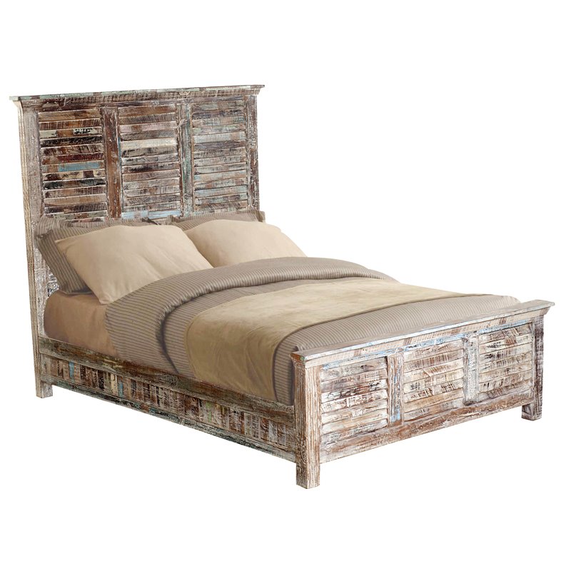 Taran Designs Hayden Shutter Solid Wood King Panel Bed in White Multicolor