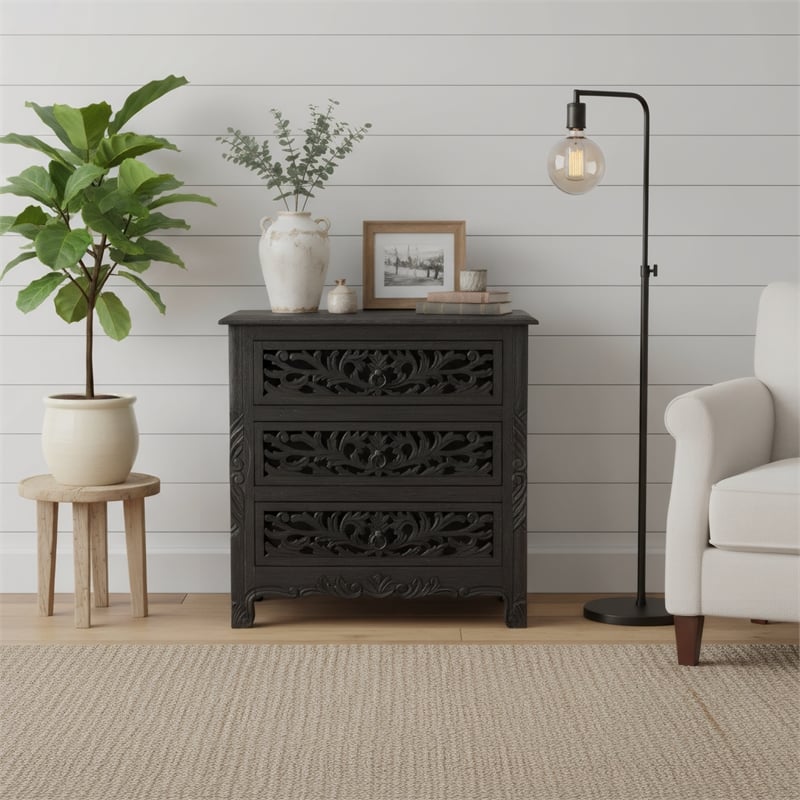Taran Designs Monte Floral Carved Solid Wood 3-Drawers Nightstand in Black