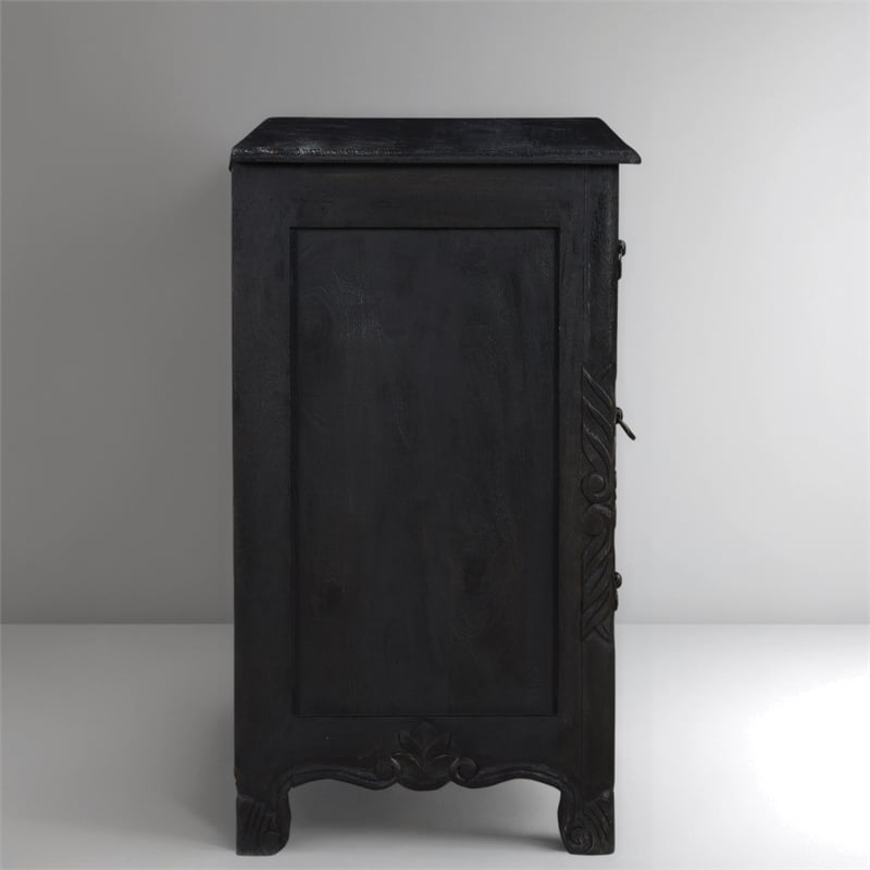 Taran Designs Monte Floral Carved Solid Wood 3-Drawers Nightstand in Black