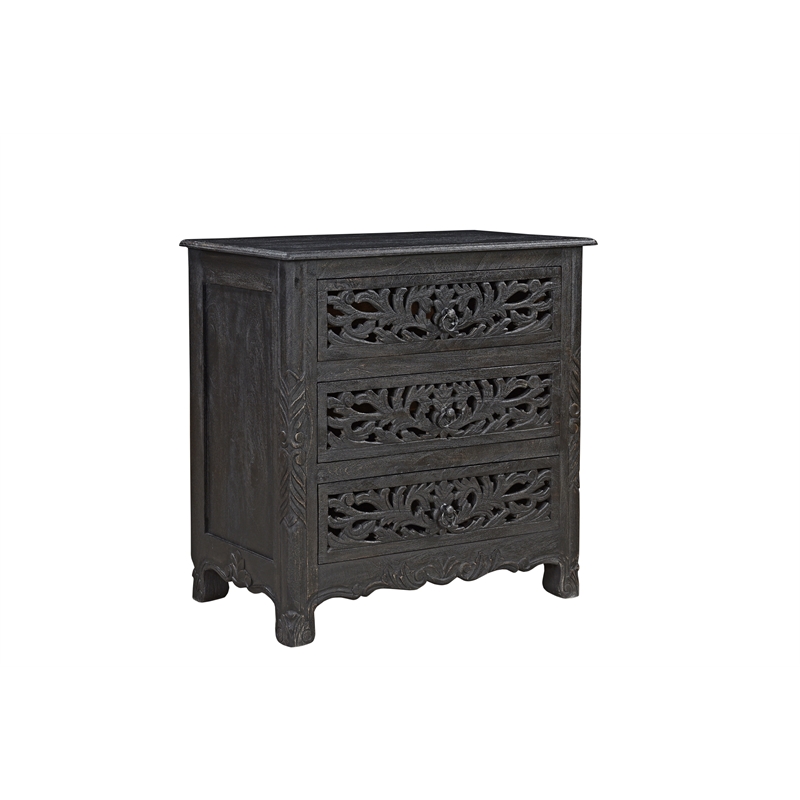 Taran Designs Monte Floral Carved Solid Wood 3-Drawers Nightstand in Black