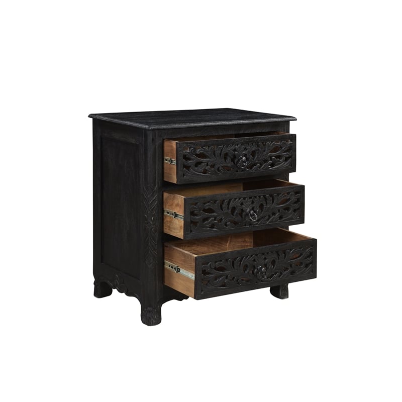 Taran Designs Monte Floral Carved Solid Wood 3-Drawers Nightstand in Black