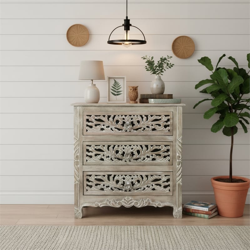 Taran Designs Monte Floral Carved Solid Wood 3-Drawers Nightstand in Gray
