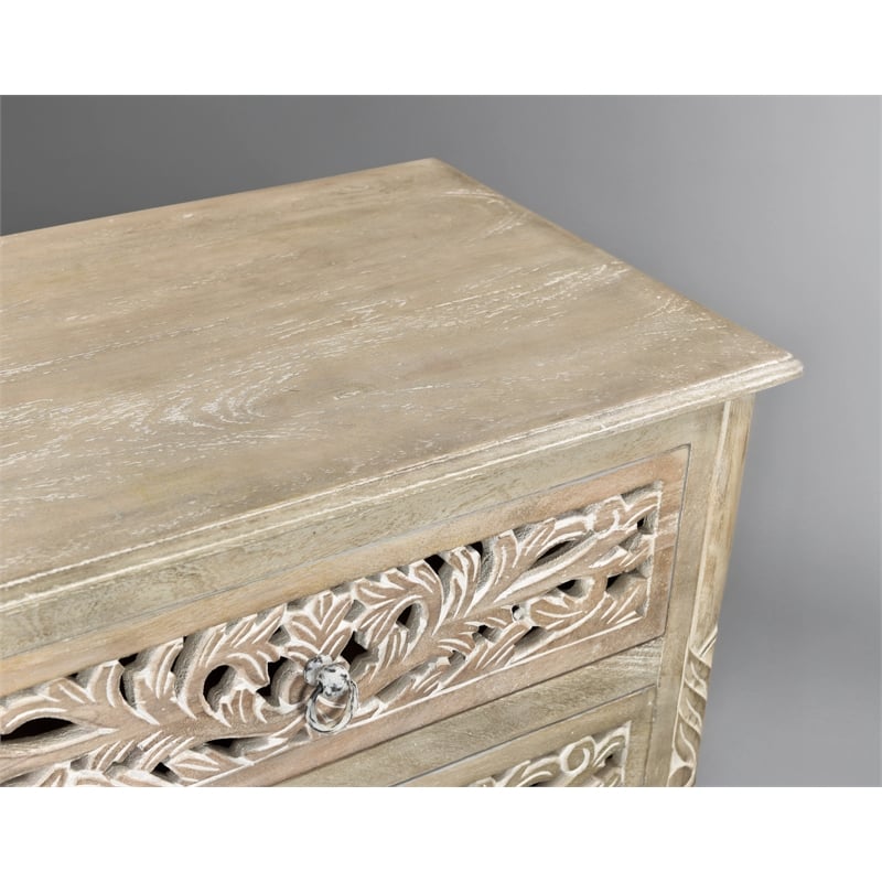 Taran Designs Monte Floral Carved Solid Wood 3-Drawers Nightstand in Gray