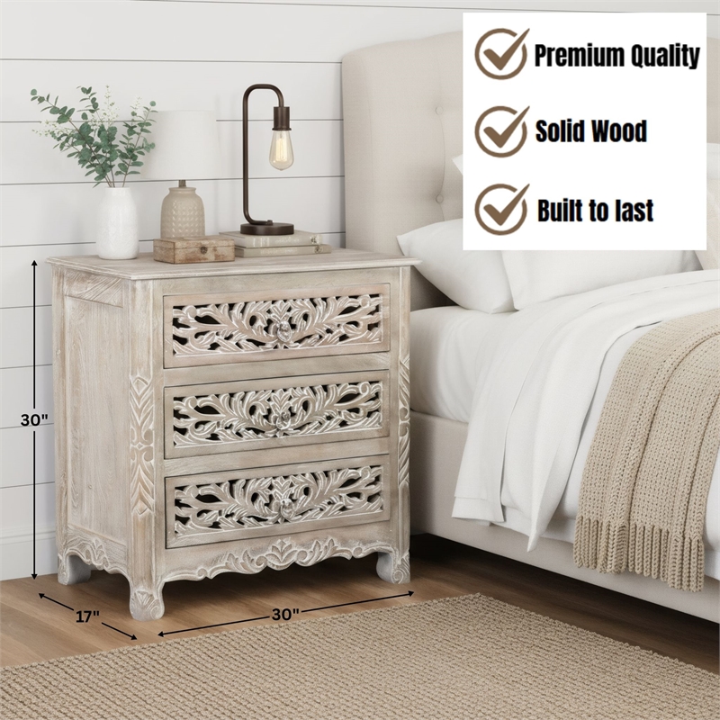 Taran Designs Monte Floral Carved Solid Wood 3-Drawers Nightstand in Gray